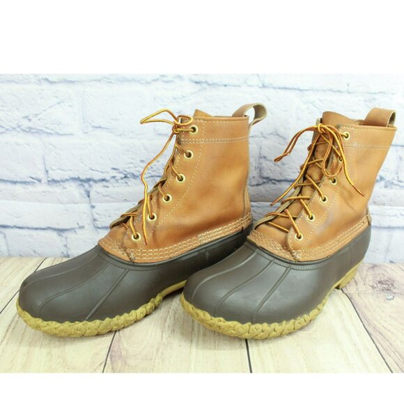 LL Bean Brown Leather 8" Lace Up Round Toe Unlined Ankle Duck Boots Size 8 M - Picture 3 of 10